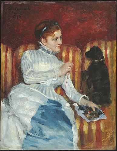 Mary Cassatt Woman on a Striped Sofa with a Dog oil painting picture